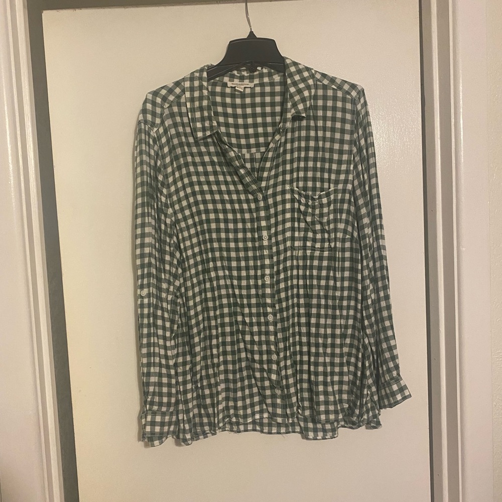 BeachLunchLounge 3X Green and White Checkered Blouse
